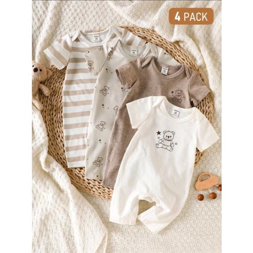 SHEIN Set de 4 piezas Pelele de algodón con estampado de oso lindo para bebé recién nacido, mono de manga corta para verano | SHEIN USA