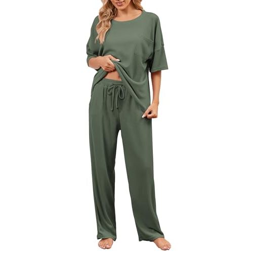 JiniGolla Womens Pajama Sets Waffle Knit Short Sleeve Shirt with Long Pajama Pants Soft Sleepwear Pj Lounge Sets