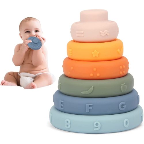 6 Pcs Set Baby Sensory Stacking Rings Soft Blocks for Educational Developmental Toddler 1-3 Learning Infant Toys Baby Newborn Gifts for 6 9 12 18 Month One Year Old Girls Boys