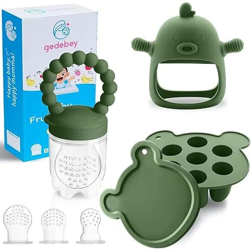 Baby Fruit Food Feeder Breastmilk Popsicle Molds for Teething Relief - 3 Pack Feeding Sets -1 Freezer Tray with Lid & 1 Teether & 1 Silicone Pacifier + 3 Extra Sizes Infant Feed Mesh (Olive Green)
