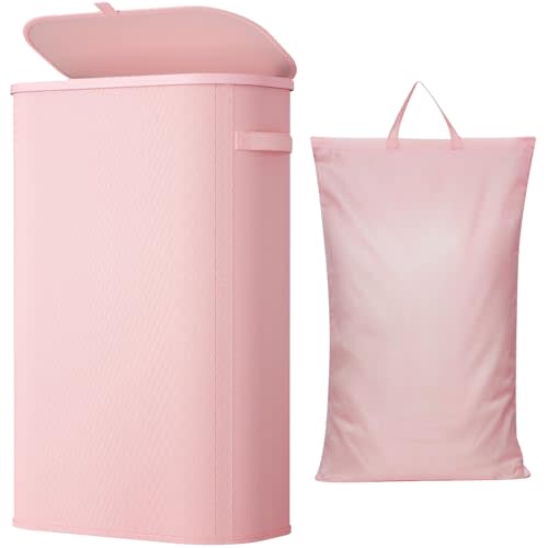 Lifewit Slim Laundry Basket with Lid and Removable Bag, 65L, Pink | Collapsible Narrow Laundry Hamper, Skinny Washing Basket with Plastic Frame, Dirty Clothes Organiser for Laundry, RV, Dorm