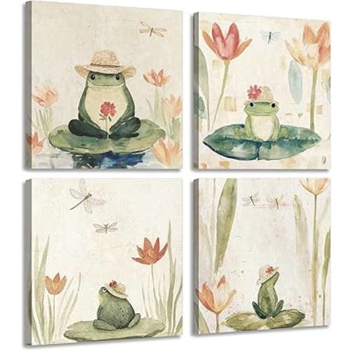 4Pcs Framed Funny Frog Canvas Wall Art Japanese Animal Picture Nursery Animals Painting Frog With Straw Hat Poster Print Wall Decor for Kids Baby Room 16x16in