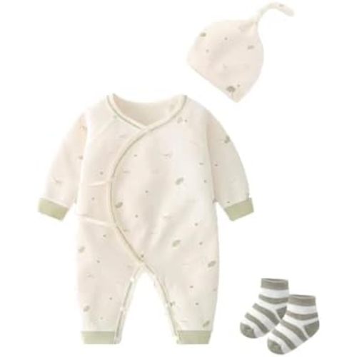 Newborn Romper Baby Boy Girl Outfits Long Sleeve Print Jumpsuit with Hat and Socks Cotton Unisex 3Pcs Clothes Set