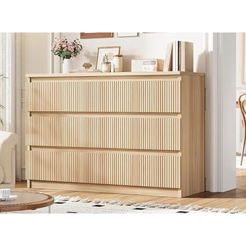 6 Drawer Dresser for Bedroom, Modern Fluted Dresser, Bedroom Dressers with Drawers, Large Double Wooden Chest of Drawers for Hallway, Living Room, Oak