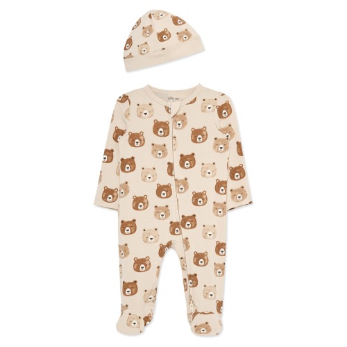 Bear Faces Stretch Viscose Zip Footie & Hat Set (Nordstrom Exclusive)