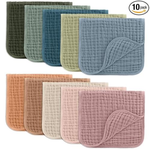 Comfy Cubs Muslin Burp Cloths 20" x 10", Pack of 10 - Large, 6-Layer, Ultra Absorbent 100% Cotton for Baby Drool and Messes - Soft, Safe & Gentle Baby Burp Cloths for Boys & Girls - Multi