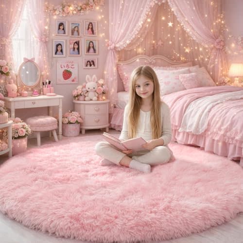 Pink Round Area Rugs 6Ft for Bedroom Living Room, Big Fluffy Shag Circle Rug for Kids Playroom, Cute Preppy Room Decor for Teen Girls, Cozy Fuzzy Furry Plush Carpets for Baby Nursery, Dorm, Classroom