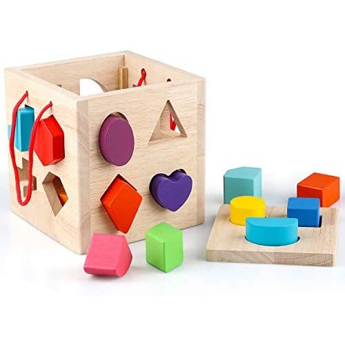 Jamohom Shape Sorter Toy My First Wooden 17 Building Blocks Geometry Learning Matching Sorting Gifts Didactic Classic Toys for Toddlers Baby Kids 2 3 Years Old