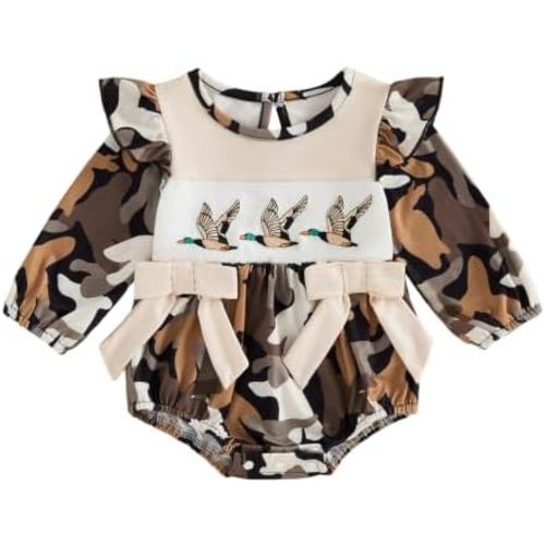 Baby Girl Outfit Fall Winter Duck Hunting Flower Camo Smocked Bubble Romper