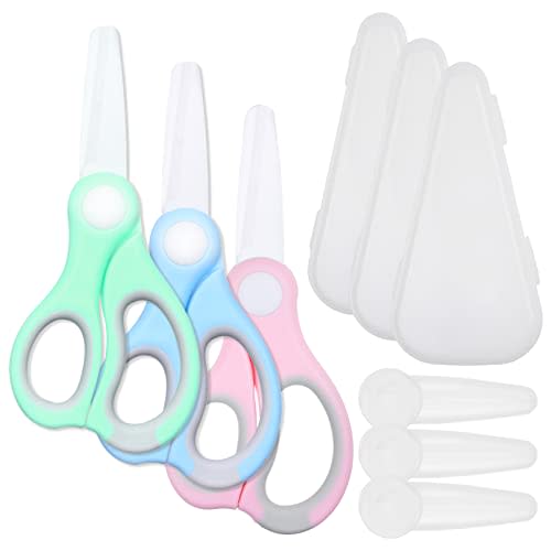 3x Ceramic Baby Food Scissors - Blue/Pink/Green - With Dust Cover and Storage Case - Cut Baby Food Easily - Ideal for Noodles, Meat, Chicken, Veggies and Fruits