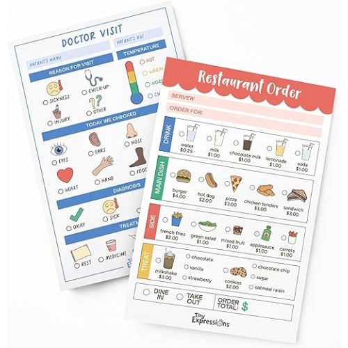 Tiny Expressions Playtime Notepads - 2-Pack Kids Pretend Play Notepads - 40 Pages Order-Taking Restaurant & 40 Pages Doctor Visit Notepad - Waiter and Doctor Imaginative Role Play