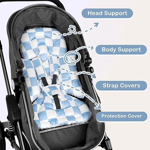 DILIMI Infant Car Seat Insert, Baby Car Seat Head Support with 3 Strap Paddings, Soft Newborn Car Seat Cushion for Stroller, Swing, Bouncers, Blue Checkered
