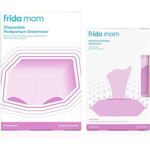 Frida Mom Perineal Medicated Witch Hazel Full-Length Cooling Pad Liners + Disposable Underwear (Regular Boyshort) for Postpartum Care - Perineal Cooling Pad Liners 24ct + Disposable Underwear [Boyshort Regular]