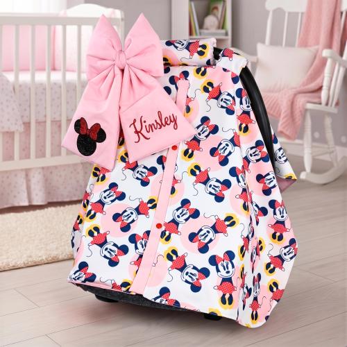 Minnie Mouse Baby Car Seat Canopy | Personalized Name Embroidery Bow | Fits All Infant Car Seat Brands | 3-Piece Travel Set
