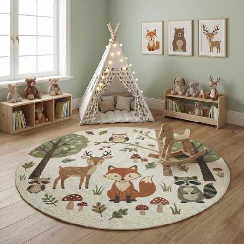Natural Woodland Fox Kid's Room Round Rug -Forest Animals Nature Scene Circle Carpet-Adorable Playroom Mat-Earthy Nursery Decor-Washable Rug