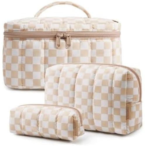 BAGSMART Travel Makeup Bag Set, Puffy Cosmetic Pouch, Checkered Khaki