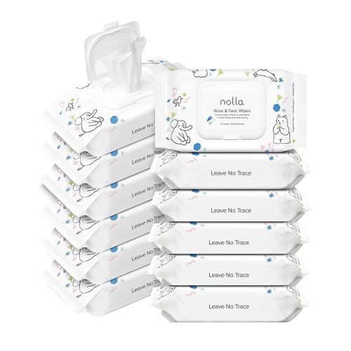 Nolla Nose and Face Wipes for Babies & Kids with Saline, Vitamin E, & Aloe | Unscented | Compostable, 180 Count (6 Packs of 30)