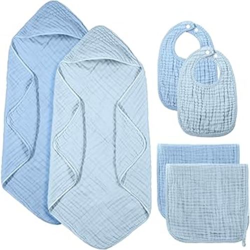 6 Pcs Muslin Hooded Bath Towels Washcloths and Bibs Set, Muslin Cotton Baby Towels Absorbent Hooded Blanket Towel Infant Bibs for Boys Girls Newborn Infant Essential(Blue, Navy Blue)