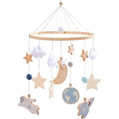 JETMHH Baby Crib Mobile | Space Theme Nursery Mobile | Wooden Mobile for Crib | Astronaut Space Theme Nursery Bed Decoration | Gift for Newborn Nursery Decor