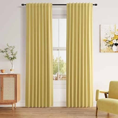 Guken Yellow 100% Blackout Linen Curtains 90 Inch Length 2 Panels Set for Living Room Bedroom Back Tab/Rod Pocket Thermal Insulated Black Out Drapes Room Darkening Farmhouse Window Curtains,52x90