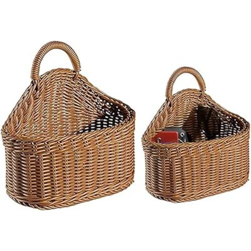 Japanese Rattan Style Storage Baskets, 2-Pack (Small & Large) Kitchen Organizer Hanging Baskets for Garlic, Onion, Fruits, Remote Control, Bathroom Supplies, Brown Oval Countertop or Wall Mount