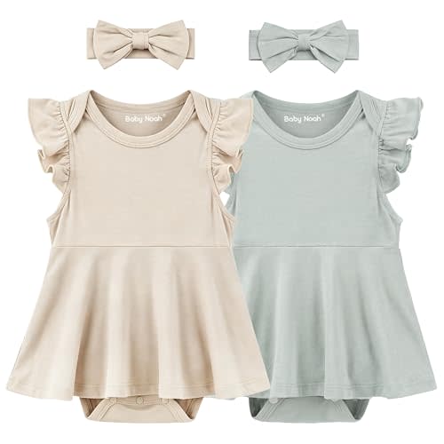 2 Pack Baby Girl Bodysuit Flutter Sleeves Dress, Cute Ruffle Romper Outfit with Headband, Newborn Infant Pajamas 0-12 Months