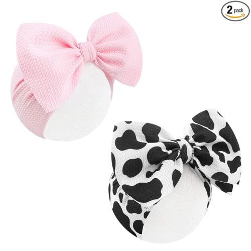 2Pcs Moo Cow Print 7’’ Hair Bows for Baby Girls Cowgirl Accessories Infant Toddler Baby Girl Headbands Pink Bow Hair Wrap