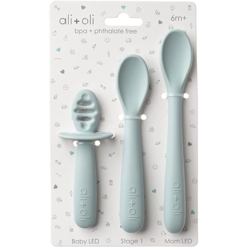 Ali+Oli (3pc) Silicone Spoon Set for Baby (Blue) Unbreakable Baby Spoons, Self Feeding Utensils, Multi-stage Design, Ergonomic Handle