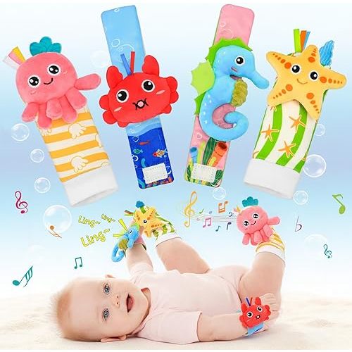 Baby Wrist Rattle Foot Finder Socks Set, CPC Safe Sensory Plush Toys for 0-12 Months Newborn Boys Girls, Ocean Rattles Baby Shower Registry Gift for Expecting Moms Essentials
