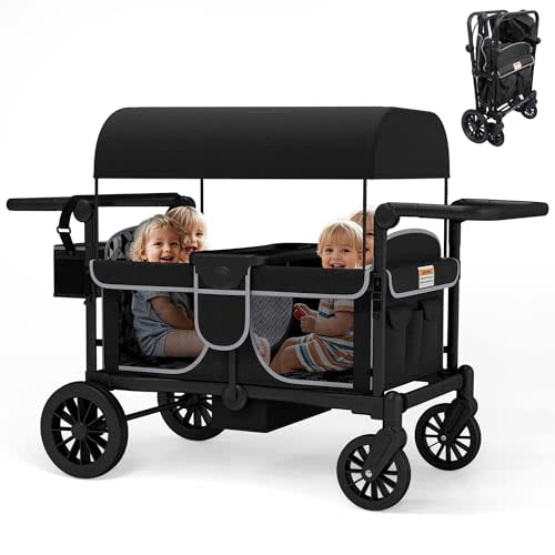 TOLEAD Wagon Stroller for 4 Kids, Foldable 4 Seats Outdoor Stroller Wagon with Canopy, Adjustable Handlebars, 5-Point Safety Harness, Detachable Tray, Portable Bag (Black)