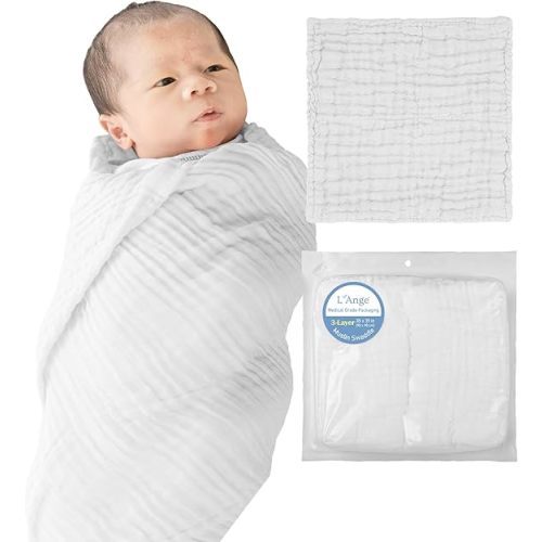 L'Ange Baby Muslin Swaddle Blanket - 3 Layer Breathable Cotton Receiving Blankets - Medical Grade Packaging for Newborn and Infant - 2 Pack - 35x35 - White