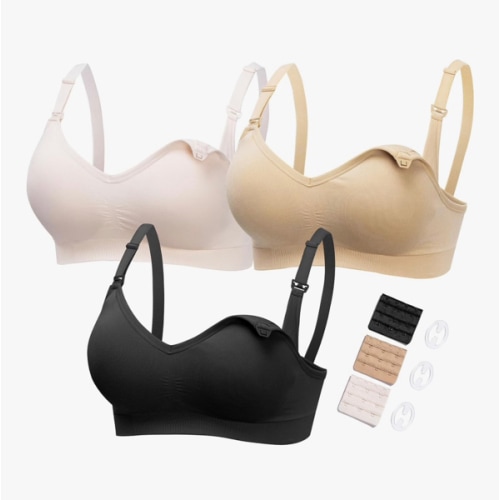 HOFISH Maternity Nursing Bras for Breastfeeding, 3 Pack Pregnancy Deep V Neck Wireless Bra with Extenders & Clips