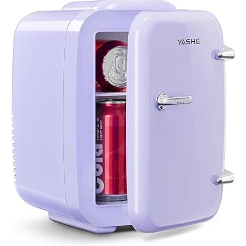YASHE Mini Fridge, 4 Liter/6 Can Mini Makeup Fridge, 110V AC/ 12V DC Portable Thermoelectric Cooler&Warmer for Skincare, Drink, Cosmetic, Medicine, Small fridge for Bedroom, Office, Dorm, Car, Purple