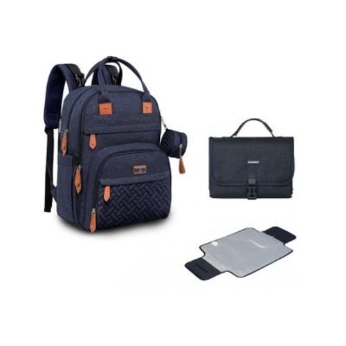 BabbleRoo Premium Bundle Original Diaper Bag Backpack & Vegan Leather Changing Pad, Spacious & Stylish, Navy Blue Pañaleras Para Bebe
