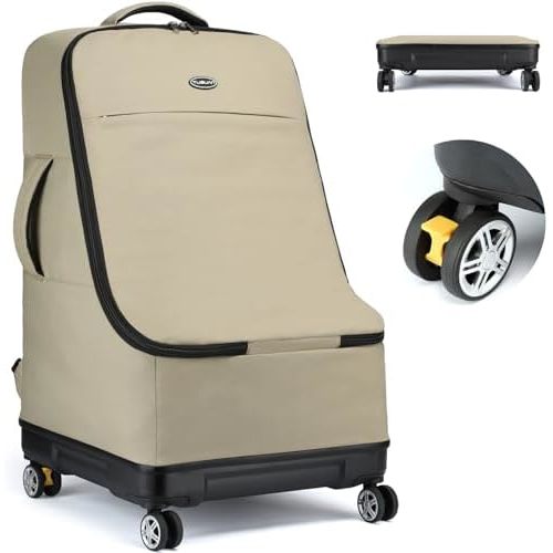 TUGUAN Car Seat Travel Bag for Airplane with Spinner Wheels, Infant Car Seat Bags for Air Travel with Hard Bottom, Padded Car Seat Backpack, Large Car Seat Storage Bag for Airport Check, Brown
