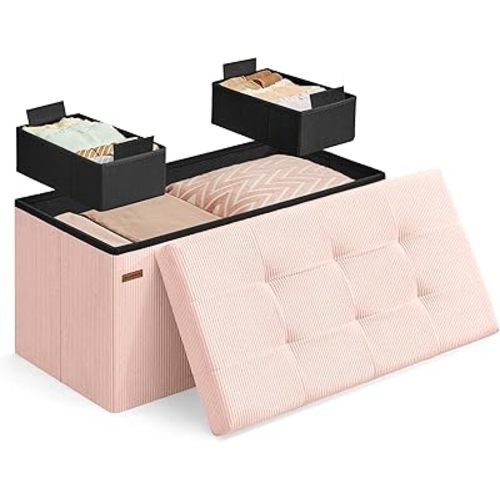 SONGMICS Mazie Collection - Storage Ottoman Bench, Foldable Foot Rest, 15 x 30 x 15 Inches, End of Bed Bench, Storage Chest, Load 660 lb, Living Room, Bedroom, Entryway, Jelly Pink ULSF603R01