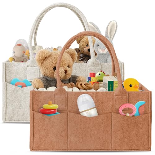 HIPHOP PANDA 2-Pack Diaper Caddy Organizer - Nursery Storage Bin & Car Organizer for Diapers, Wipes, and Baby Essentials - Dual-Color Solid Set (Caramel/Oatmeal), Regular Size