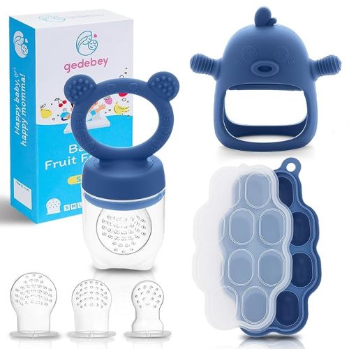 Baby Fruit Feeder Pacifier - 3 Pack | 1 Baby Food Feeder & 1 Baby Teether & 1 Baby Popsicle Molds | Breastmilk Popsicle Molds | Baby Teething Toys | Baby Fruit Food Feeder Pacifier Babies (Steel Blue)