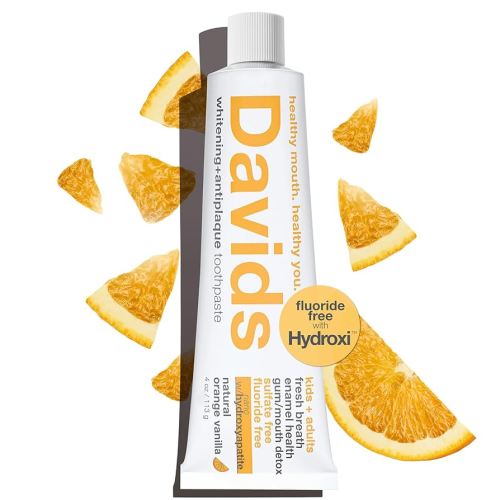 Davids Hydroxi Fluoride Free Nano Hydroxyapatite Toothpaste for Enamel Health & Whitening, Antiplaque, SLS Free, Kid Friendly Orange Vanilla Flavor, 4 oz, Made in USA