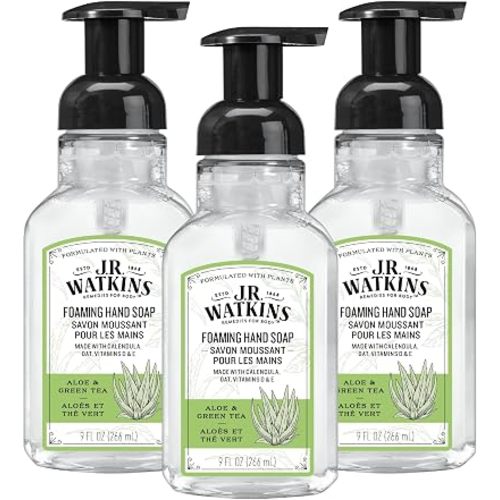 J.R. Watkins Foaming Hand Soap with Pump Dispenser, Moisturizing Foam Hand Wash, Alcohol-Free, Cruelty-Free, Aloe et The Vert/Aloe & Green Tea, 9 fl oz, 3 Pack