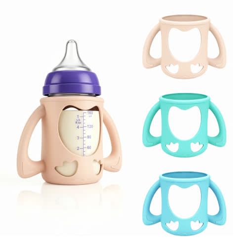 3-Pack Silicone Sleeves for New Lansinoh Glass Bottles 5 oz | BPA-Free Drop-Resistant Baby Bottle Sleeves with Handles, Compatible with Lansinoh Anti-Colic Glass Baby Bottles