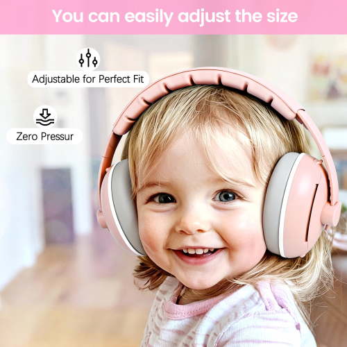 UQN 2-in-1 Baby Ear Muffs Noise Protection,Noise Canceling Headphones for kids 0-36 Months, Infant Ear Protection for Plane & Sleep, Adjustable Headband - Pink