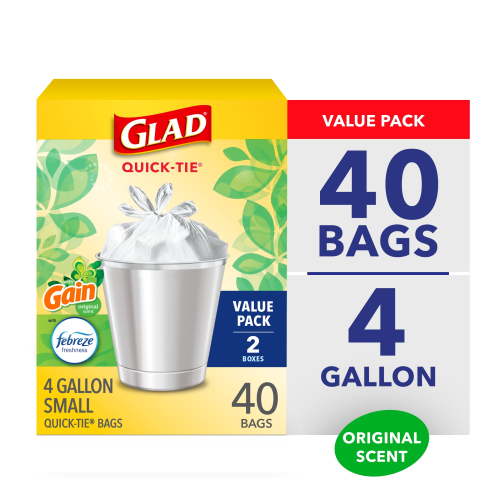 Glad 4 Gallon Odor Control Trash Bags, Gain Original Scent, Febreze Freshness, Quick Tie, 40 Bags for Kitchen & Bathroom
