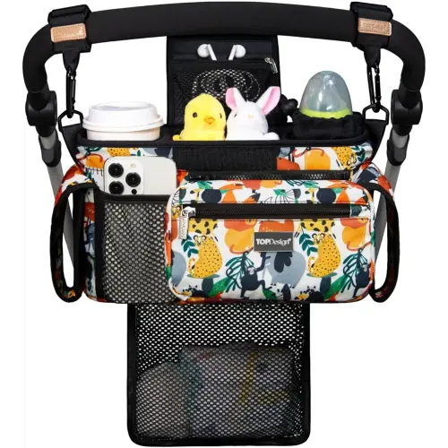 TOPDesign Universal Baby Stroller Organizer, Stroller Caddy with Detachable Mesh Bag & Heightened Insulated Cup Holders & Non-Slip Secure Hooks Accessories, Fits Most Strollers (Zoo)