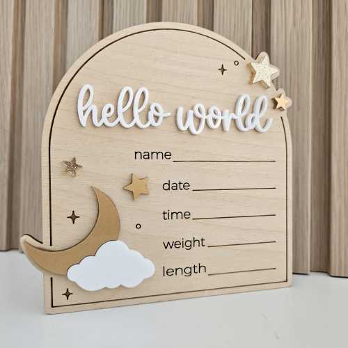 Moon and Stars Hello World Birth Announcement Sign | Newborn Baby Name Sign | Birth Announcement Plaque | Baby Arrival Hospital Sign