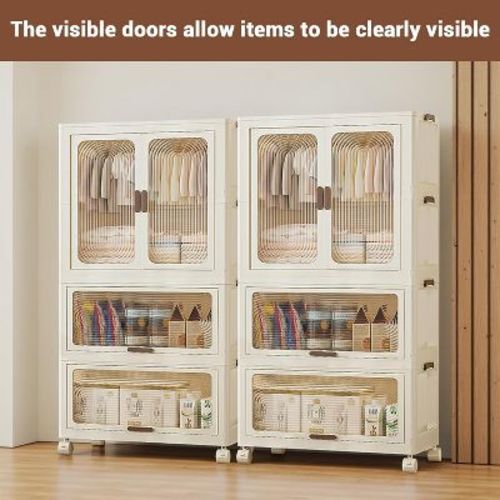 3-Tier Kids Wardrobe Closet w/Doors & Wheels - Portable Baby Clothes Organizer w/Hanging Rod & 10 Hangers
