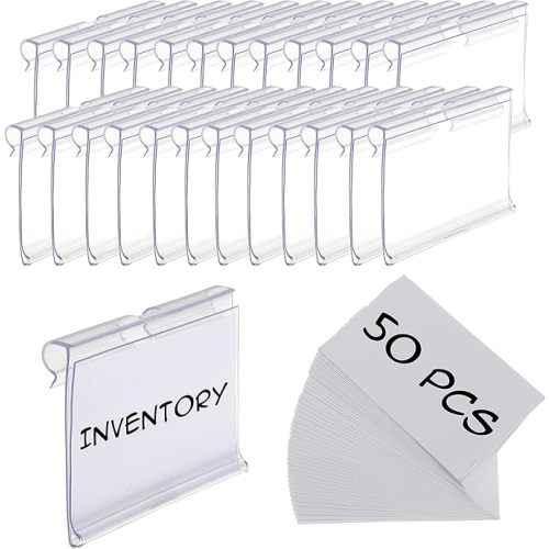 50pcs Labels for Storage Bins Plastic Label Clip, Basket Labels Clip On Wire Shelf Price Label Holder Merchandise Sign Display Holder, 50pcs Label Insert Included (1.96IN*1.65IN)