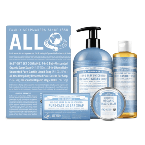 Dr. Bronner's Baby Unscented Gift Set - Pure-Castile Liquid and Bar Soaps, Organic Magic Balm, and 4-in-1 Organic Sugar Pump Soap