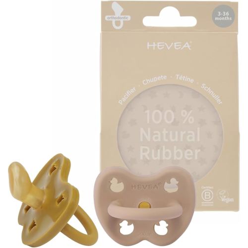 HEVEA Natural Rubber Pacifier Orthodontic 3-36 Months – Hygienic One Piece Design for Newborns to Toddlers, BPA-Free, Soft & Durable - Two-Pack (Golden Honey & Tan Beige)