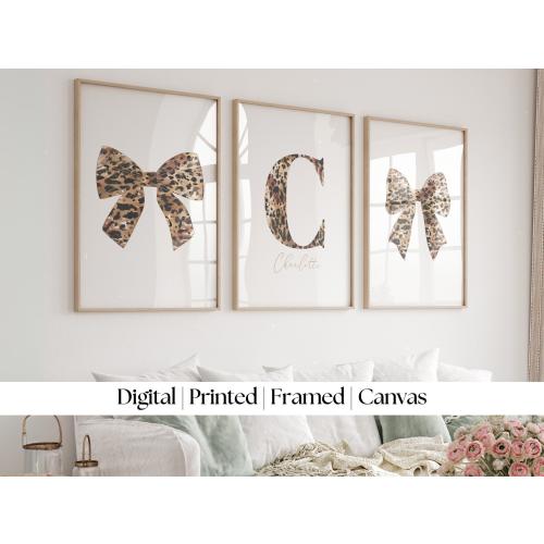 Leopard Bow Custom Initial Name Art Set of 3  • Trendy Girly Wall Art • Print, Framed or Canvas